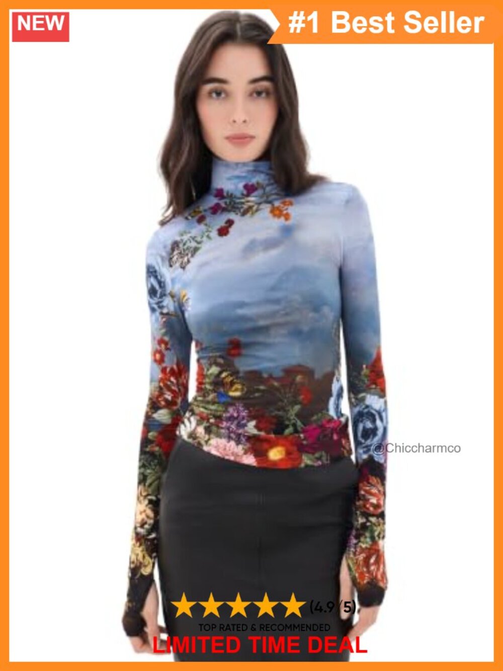 Turtleneck Top Lightweight Stretch Jersey Floral Print Long Sleeve